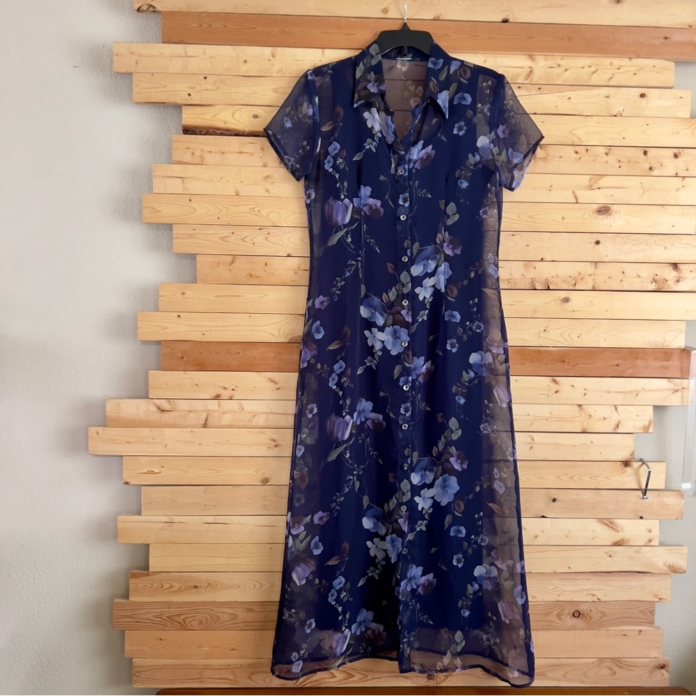Vintage EnFocus Studio Navy Blue Floral Print Sheer Maxi Shirt Dress Set Size 6